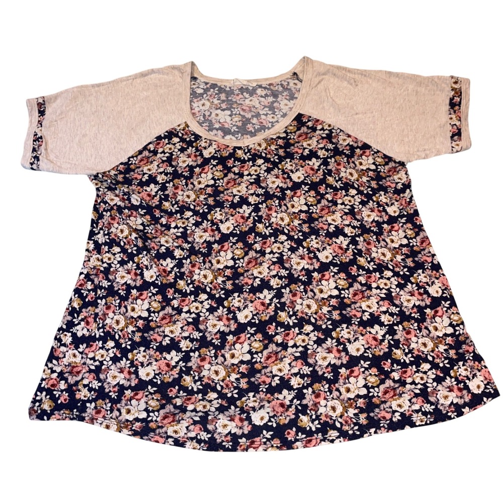 French Pastry Top Women 1XL Navy Pink Floral Raglan Sleeve Cottagecore Boho